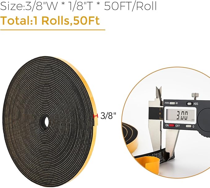 Ravinte Weather Stripping Door Seal, 3/8 x 1/8 Adhesive Foam Tape, 50 FT | - Image 3
