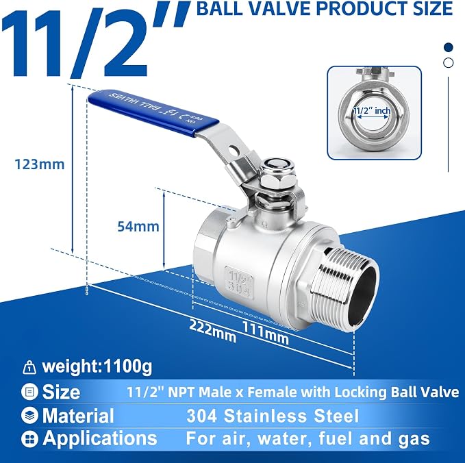 2 Pack 1.5" Full Port Ball Valve NPT Male x Female 304 Stainless Steel Heavy - Image 2