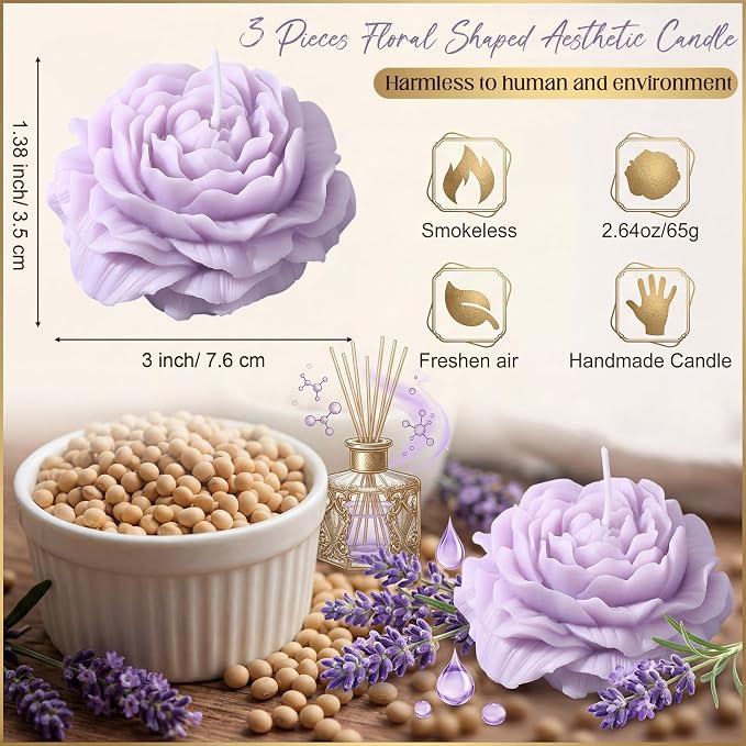 Roowest 3 Pcs Rose Flower Shaped Candles Soy Wax Handmade, Decorative - Image 2