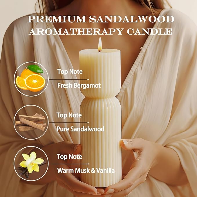 Aesthetic Sandalwood Scented Candles, Ribbed Pillar Candle Set of 2, Natural - Image 2