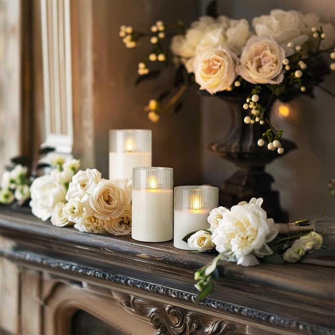 Amagic White Ribbed Glass Flameless LED Pillar Candles - Image 4