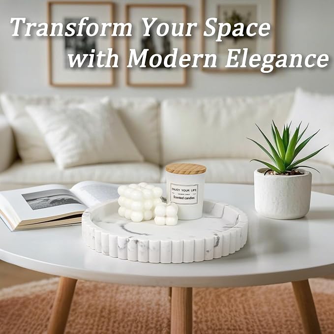 Round Decorative Tray for Coffee Table Decor, Tray Decor 11" Marble White | - Image 2