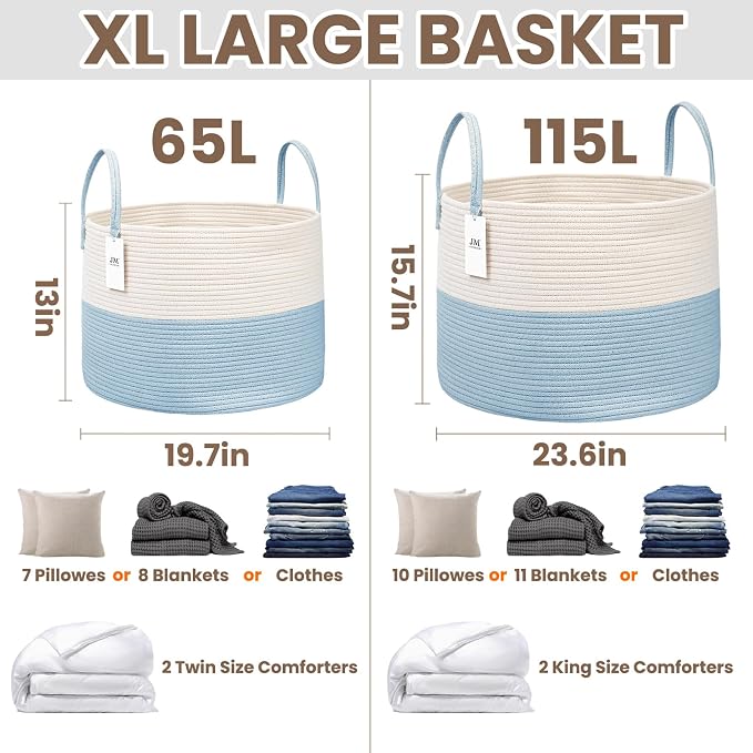 JMvicyroam 115L Extra Large Machine Washable Cotton Rope Blanket Basket | - Image 3