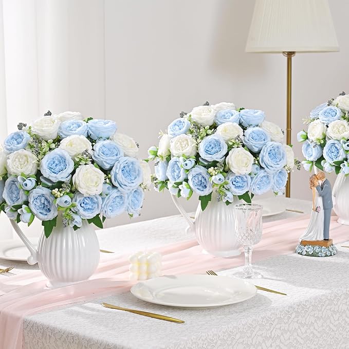 8 Packs Peonies Artificial Flowers Mixed White Blue Silk Artificial Peonies | - Image 6