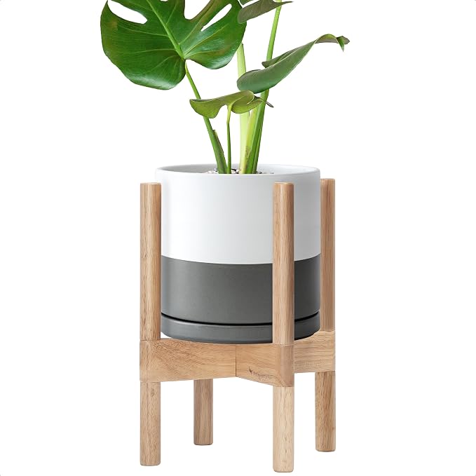 D'vine Dev Ceramic Pot with Natural Wood Stand, 8 in, 55-B-N-6 | Mid-Century by DvineDevPlanterPotsandStand