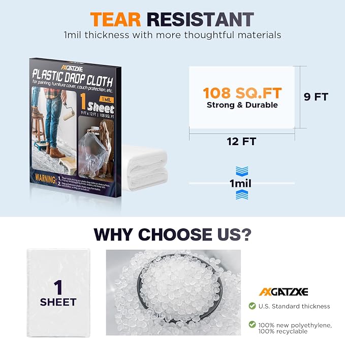 Axgatoxe 12 x 9 Ft Plastic Drop Cloths - Image 5