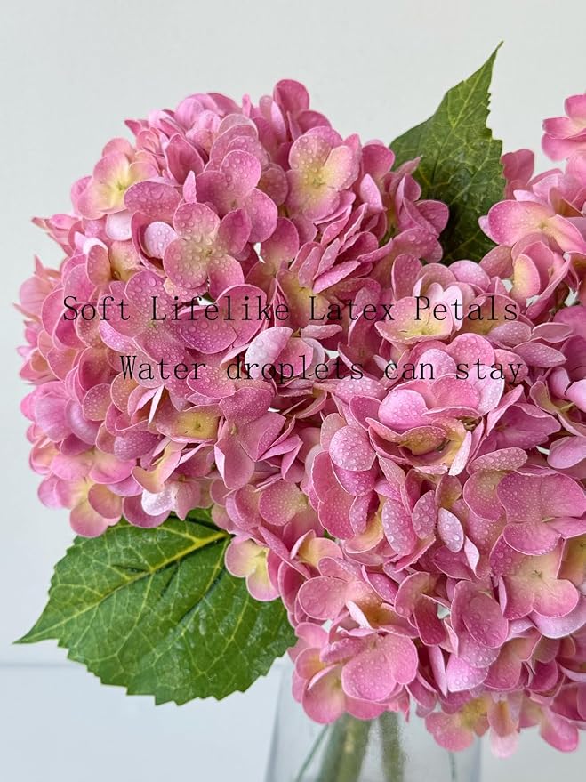 YalzoneMet 3 PCS Yellow/Pink Hydrangea Artificial Flowers 21'' Real Touch Faux - Image 7