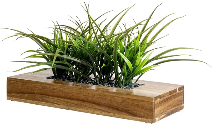 MyGift Large Artificial Green Grass Plants Potted in 14 Inch Premium Acacia by MyGiftHome