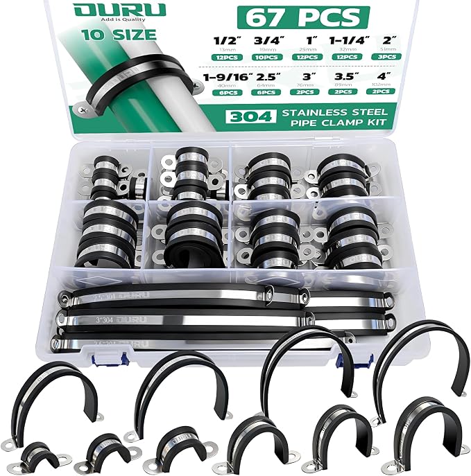 OURU 67PCS Pipe Strap Kit Fits 0.51"-4.01" OD, Rubber U Bracket, 10 Sizes | 304 by OURU