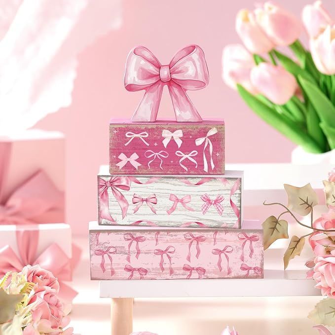 Conelist 4 Pcs Pink Bow Room Decoration Coquette Gift Pink Bow Block Sign - Image 2