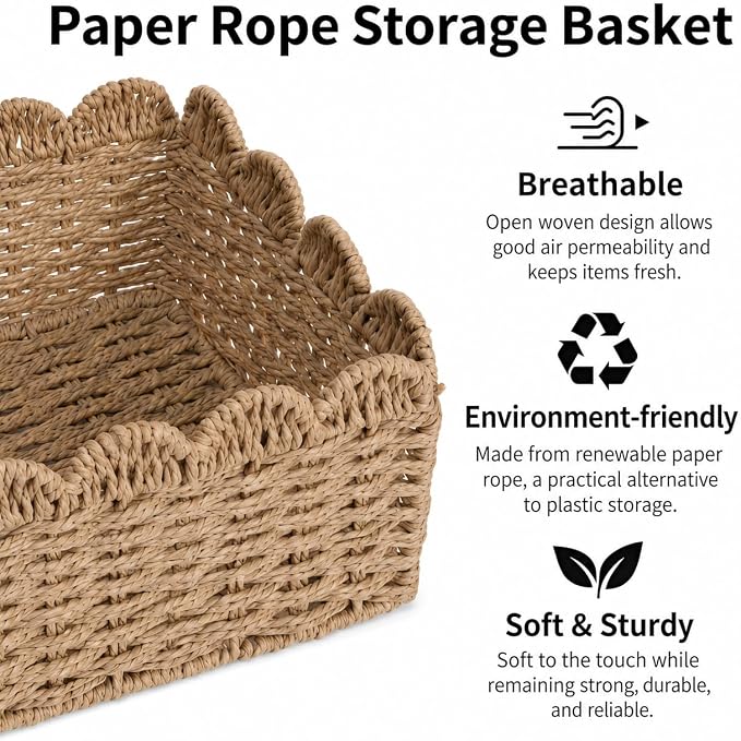 2 Pack Foldable Scalloped Basket, Handwoven Wicker Storage Baskets - Image 4