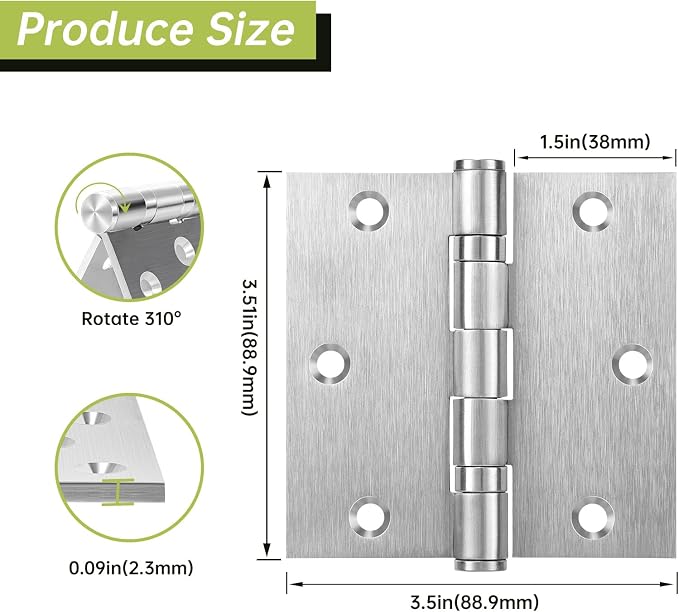 3 Pack Door Hinges 3.5 x 3.5 Inches, Heavy Duty Stainless Steel Ball Bearing - Image 2