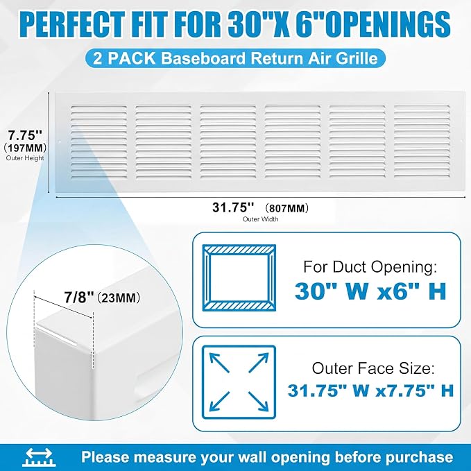 Lewtemi 2 Pack Baseboard Return Air Grille 30" x 6", Steel HVAC Vent Cover - Image 2