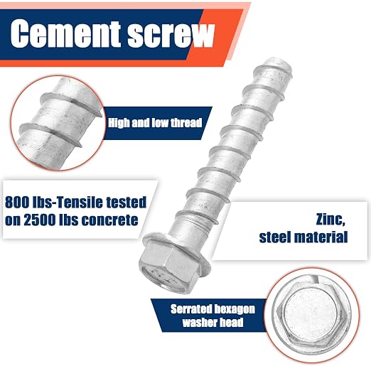 Tandefio 20 Pack 5/8" x 4" Concrete Screw Anchor Galvanized Large Diameter - Image 3