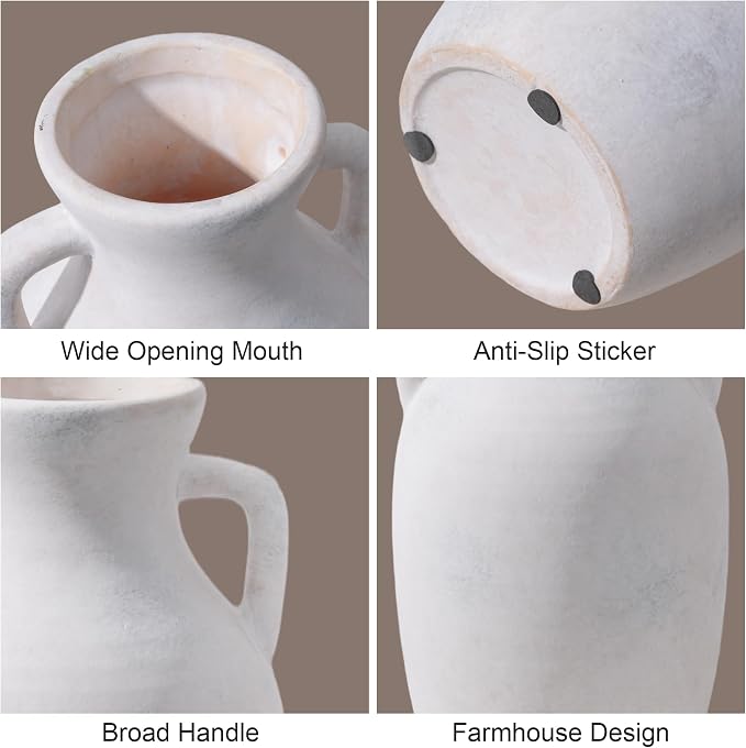Ceramic Flower Vase with Handles, Neutral Tall Clay Decorative Terracotta Vases - Image 3