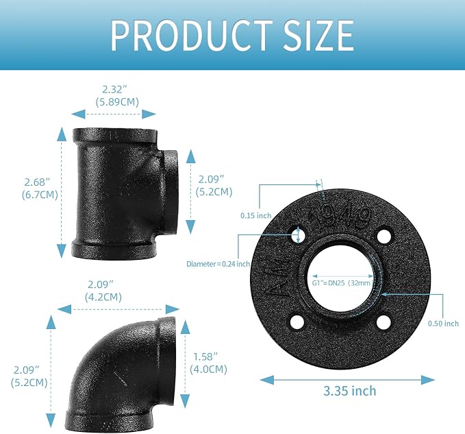 1" Black Pipe Fitting, 20 Pack 1" Floor Flange/Elbow/Tee Combo - Image 2