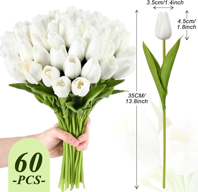 Janinka 60pcs Artificial Tulip Flowers Fake PU Tulips Faux Latex Bouquet Flower - Image 2