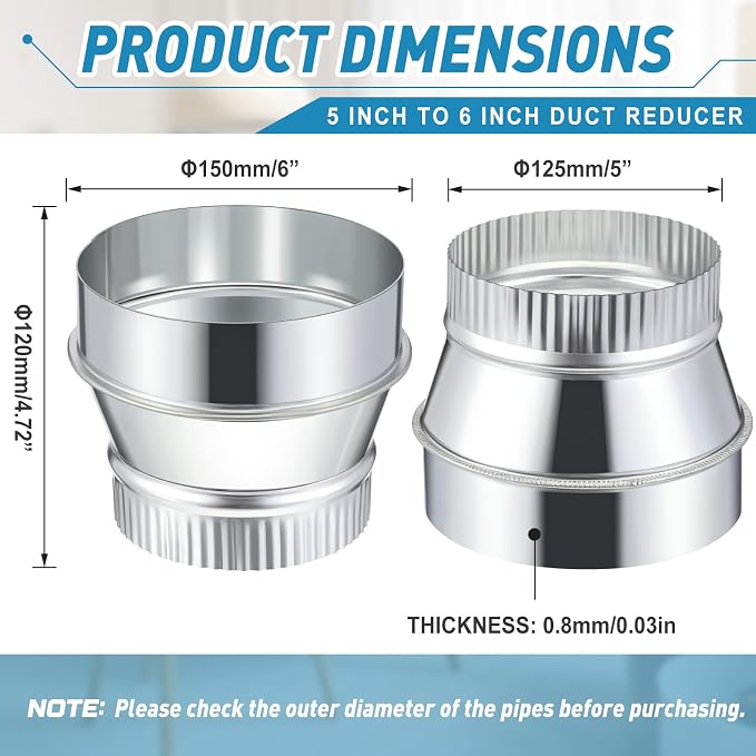 1 Pcs 6 Inch to 5 Inch Duct Reducer Increaser | Galvanized Steel Air Duct - Image 2