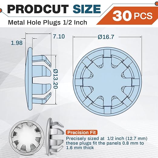 Hicarer 30 Pack Fit 1/2" Hole Metal Hole Plugs, Nickel-Plated Steel Snap-in - Image 8