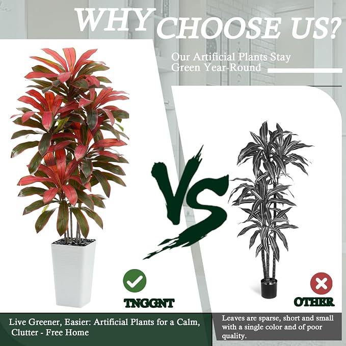 Artificial Dracaena Tree: 5FT Fake Plants Silk Faux Trees（White Pot） | - Image 6