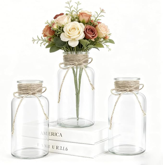 3 Pack Mason Jar Vases for Centerpieces, Wide Mouth Mason Jars by LEYIQU
