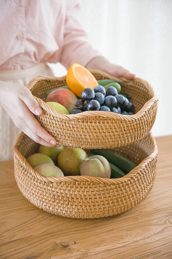HITOMEN Handmade Rattan Bread Baskets Round Wicker Fruit Serving Storage Bowls - Image 3