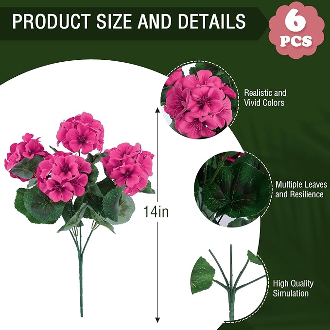 Hananona 6 Pcs Artificial Geranium Flowers - Image 2