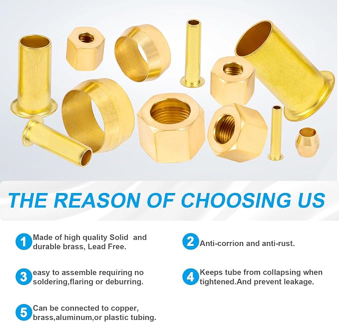 1/4 Inch OD Brass Compression Insert, Sleeve Ferrule, Nut 75PCS - Image 4