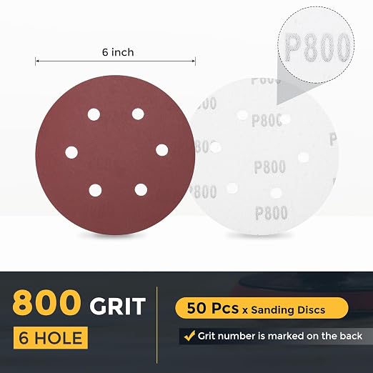 HARFINGTON 50 Pcs 6 Inch Sanding Discs 800 Grit Red Aluminum Oxide 6 Hole | - Image 2