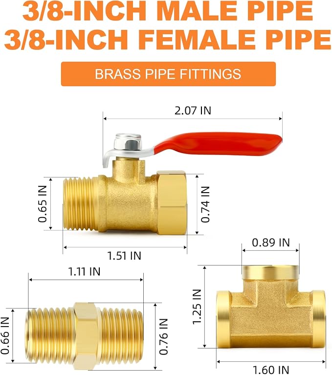 GASHER 6PCS 3/8 Inch NPT Brass Pipe Fitting, Ball Valve, Barstock Tee Brass - Image 2
