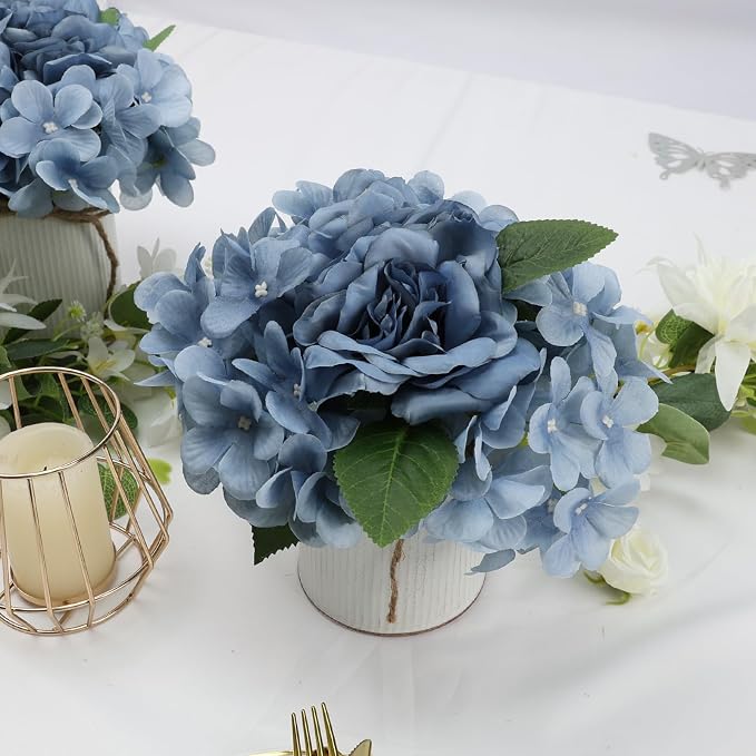Dusty Blue Flower Table Centerpieces, Hydrangeas & Rose | Floral Arrangement - Image 7