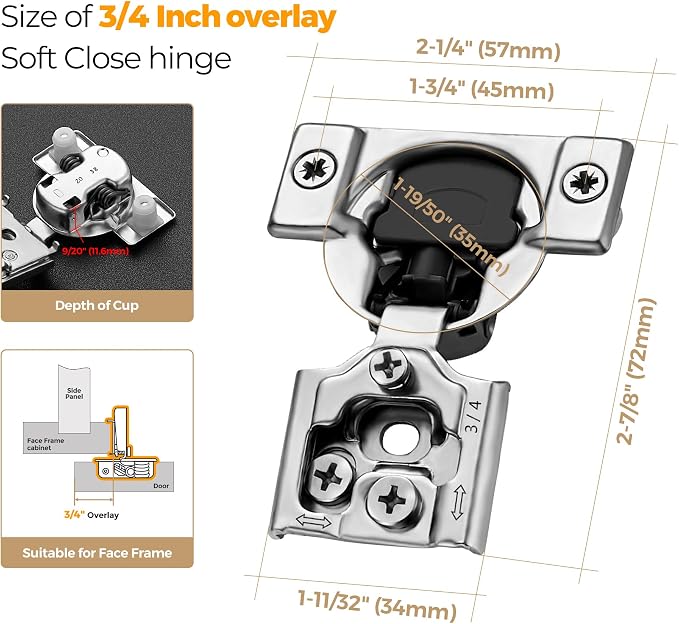 Soft Close Hinges for Kitchen Cabinet Hinges, 3/4 Inch Overlay, 50 Pack | 25 - Image 4