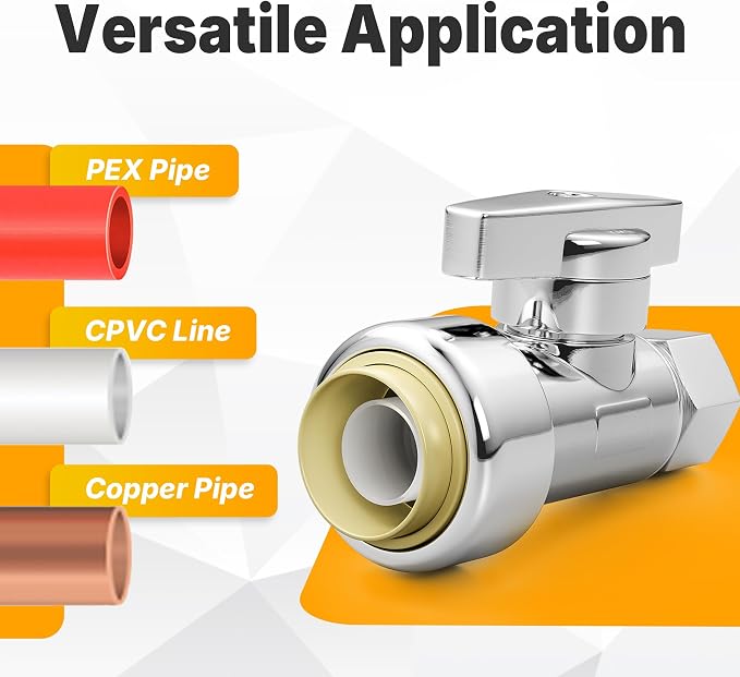 Push-Fit Straight Stop Valve 5-Pack, 1/2" Push x 3/8" OD Compression, 1/4 Turn - Image 3