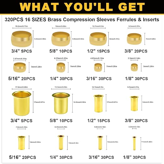 Siptenk 320PCS Brass Compression Sleeves Ferrules Inserts Fittings Kit | 8 - Image 2