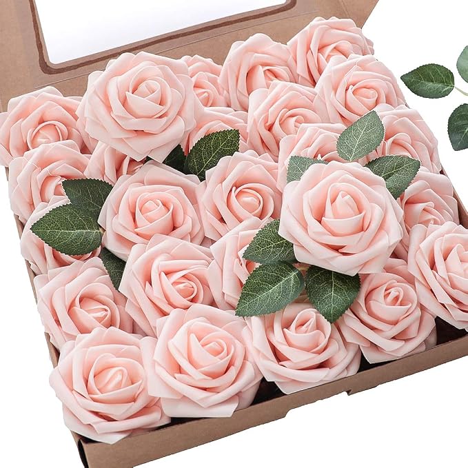 Artificial Flowers 50pcs Real Looking Blush Foam Fake Roses by Floroom