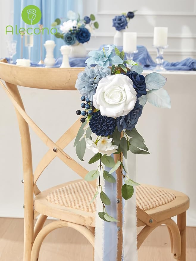 Alecono Dusty Blue Artificial Flowers, Silk Fake Roses Floral Set | - Image 8