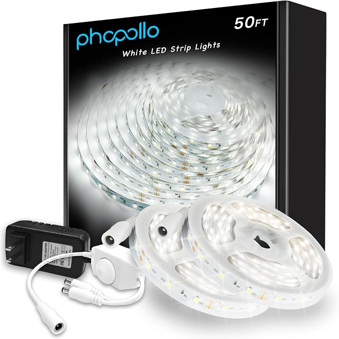 White LED Strip Lights, 50ft Dimmable 6500K Daylight, by Phopollo