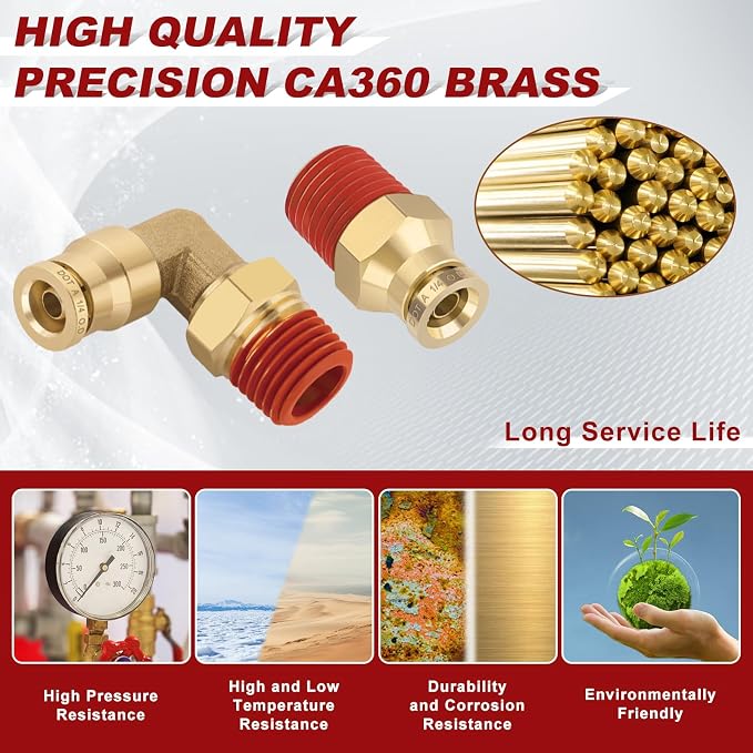 1/4" Tube x 1/4" NPT Male Straight & Elbow Brass Air Fittings Kit, 8 Straight + - Image 2