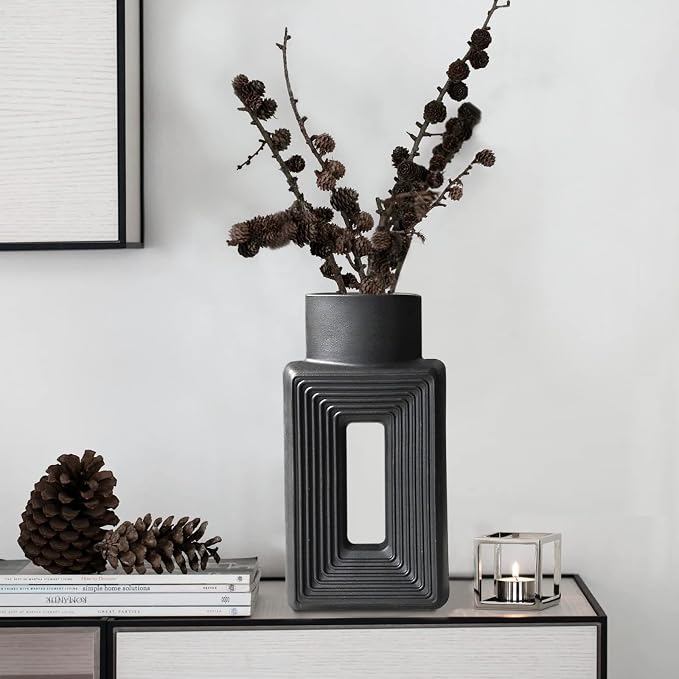 Black Ceramic Vase Set of 2，Square Vase Rustic Home Decor Minimalist Nordic - Image 4