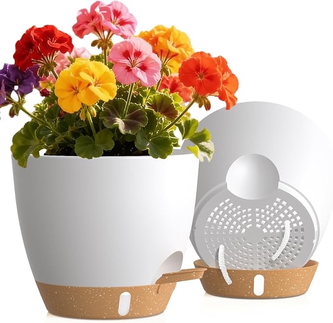 Self Watering Pots with Drainage Holes, 2 Pack 8 Inch Plant Pots with Water by KUGAZ