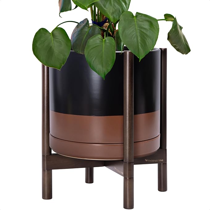 D'vine Dev Ceramic Pot with Walnut Wood Stand, 14 in, 55-B-T-7 | Mid-Century by DvineDevPlanterPotsandStand
