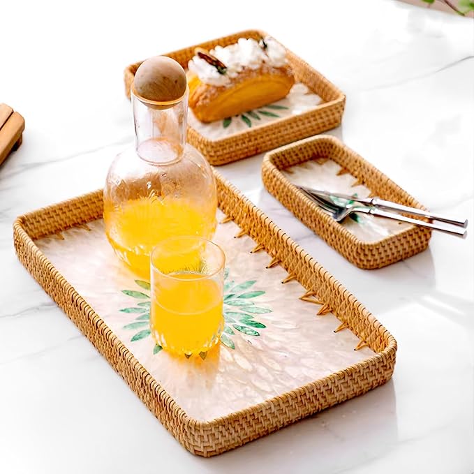 i-lan Set of 3 15" Rectangular Rattan and Mother of Pearl Serving Tray - Image 2