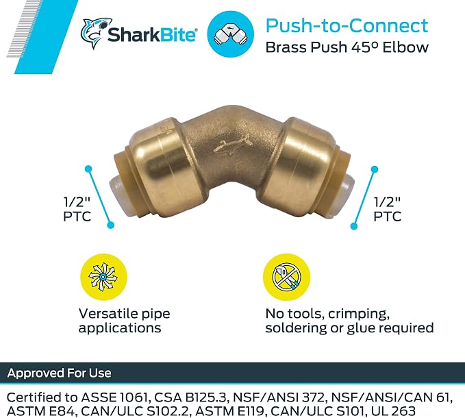 SharkBite 1/2 Inch 45 Degree Elbow, Push to Connect Brass Fitting, PEX Pipe - Image 3
