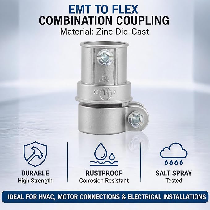 1/2 in. Squeeze EMT to Flex Coupling, UL Listed, 5 Pack | Zinc Die-Cast Body - Image 6