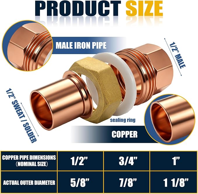 2 Pack 3/4" C x C LF Brass Pipe Copper Union Sweat to Male | - Image 3