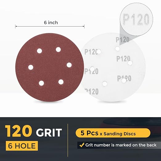 HARFINGTON 5 Pcs 6 Inch Sanding Discs 120 Grit Red Aluminum Oxide 6 Hole | Hook - Image 2