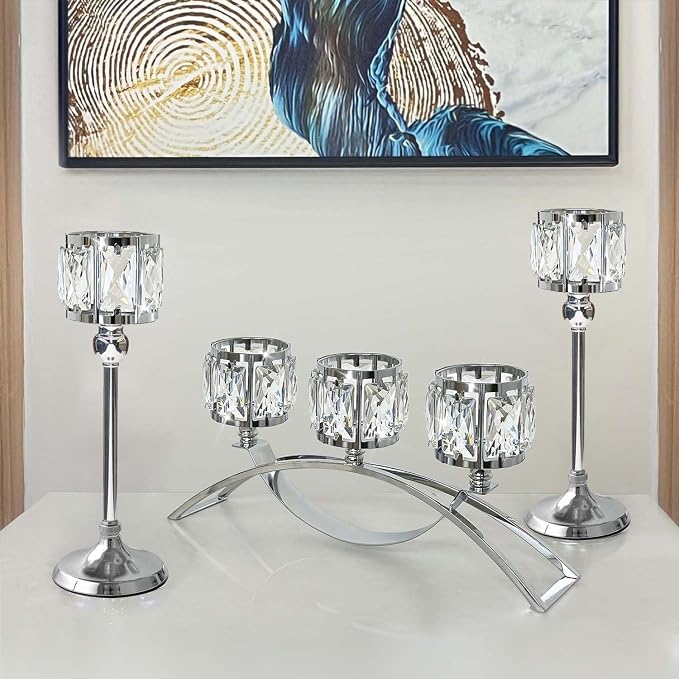 3 Arms Crystal Bowl Tealight Candelabra Votive Candle Stand, Wedding by KOLNLALA