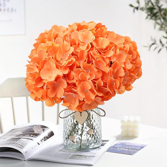 AVIVIHO 65pcs Fake Flowers Orange Hydrangea Artificial Flowers Bulk Silk Flowers - Image 2