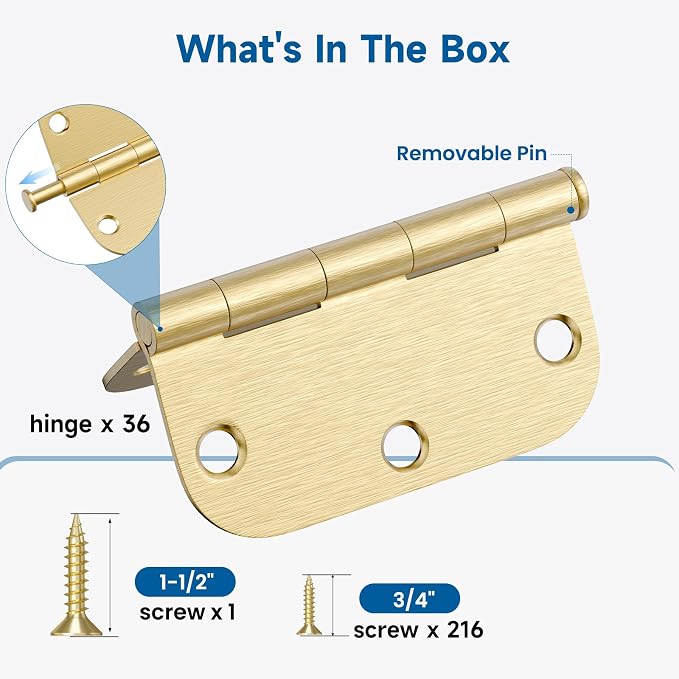 HOSOM 36 Pack Brushed Brass Door Hinges 3.5 Inch - Image 3