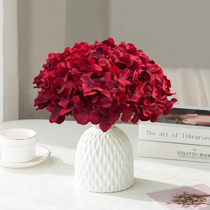 65Pcs Deep Red Hydrangea Artificial Flowers Bulk，Realistic Silk Fake Flowers - Image 4
